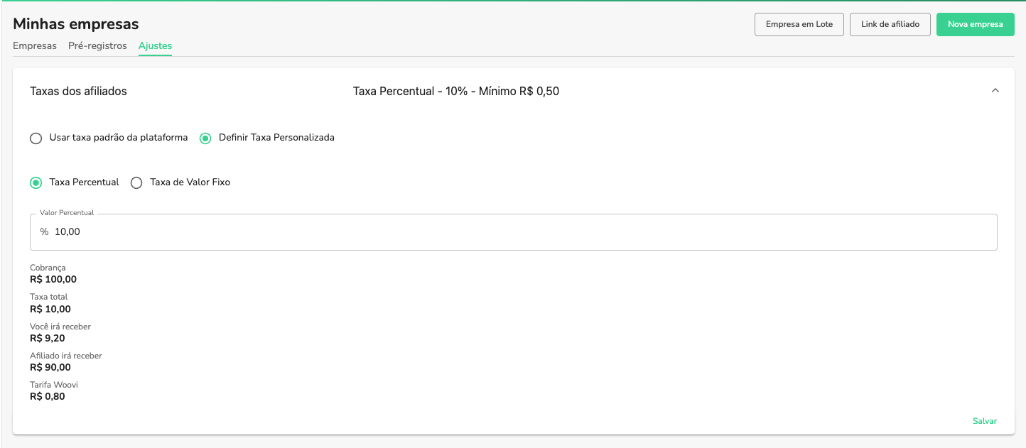 Configurar taxa percentual